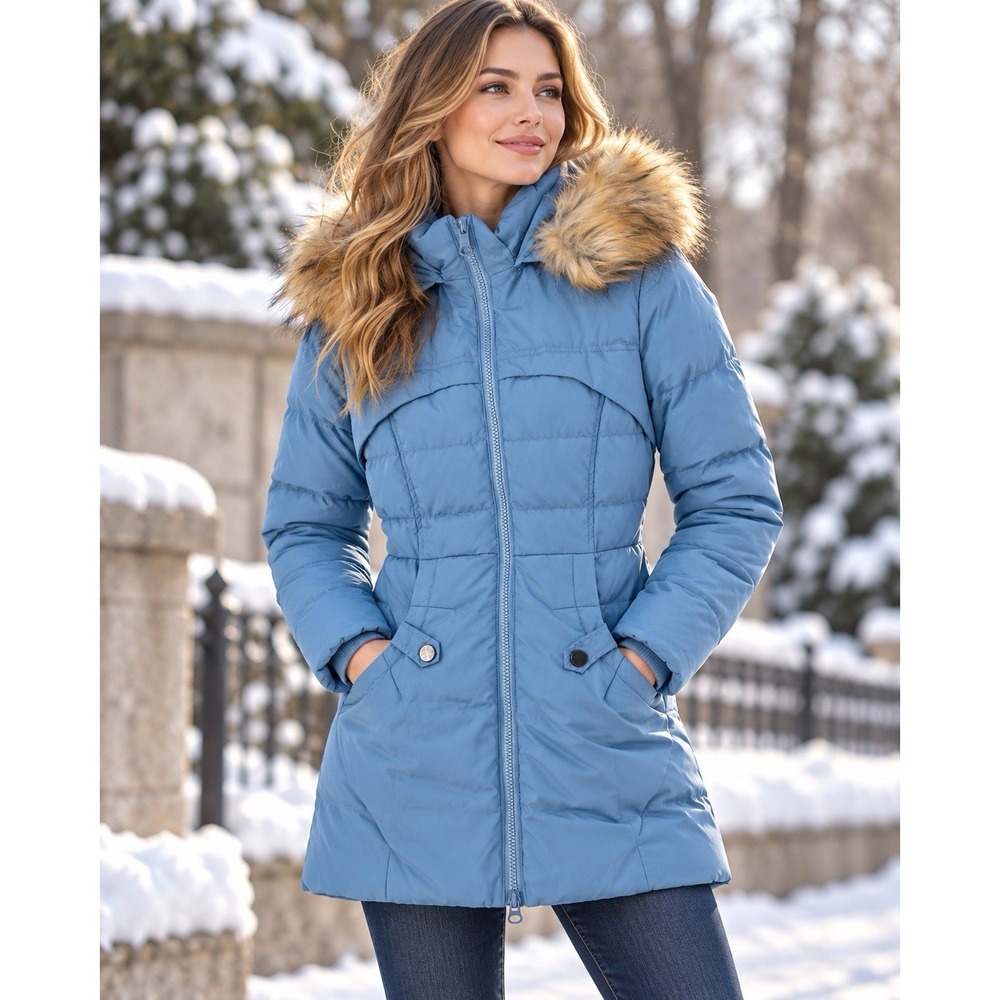 Valuker Womens XXS Blue Down Puffer Coat Faux Fur Hood Long Winter Parka